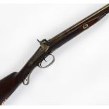 A 19th century 12 bore side by side percussion hammer gun with engraved lock plate indistinctly