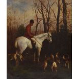 EC; oil on canvas, study of a huntsman upon a grey horse with hounds by his feet,