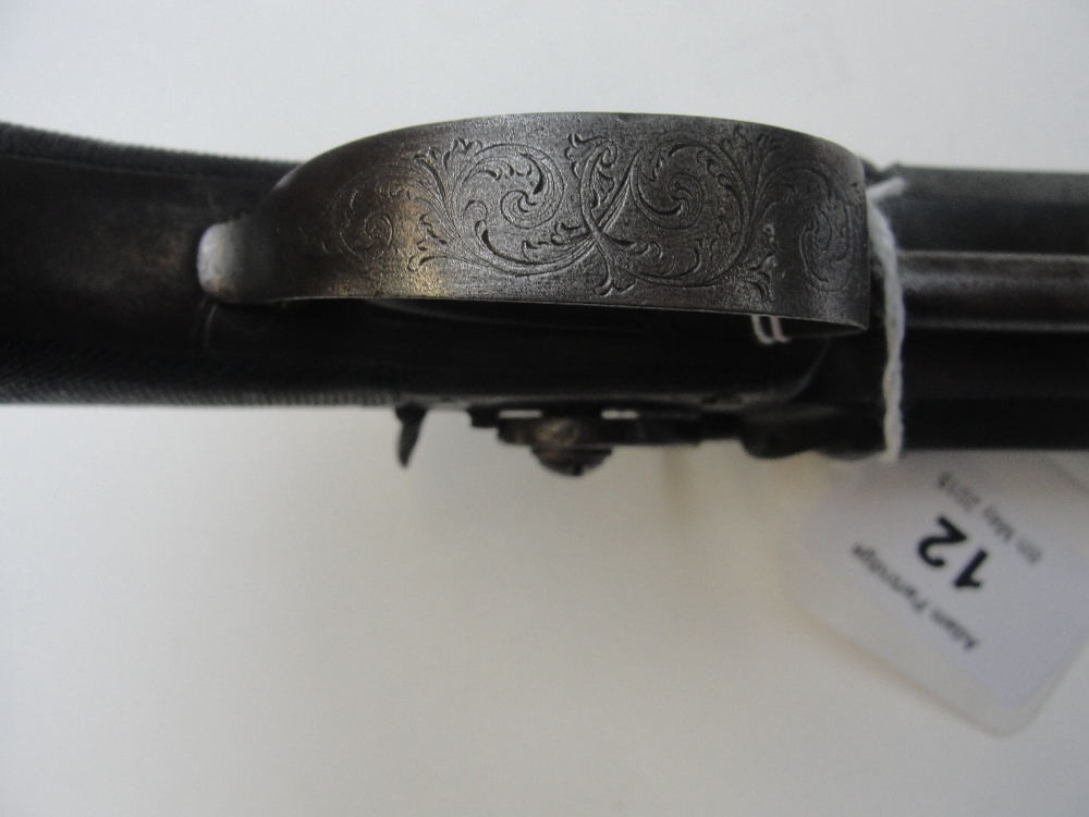 A 19th century double barrelled percussion cap pistol with foliate engraved lock and chequered - Image 5 of 8