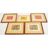 A set of five printed silk flags of British Regiments pictures, all framed and glazed.