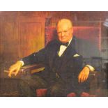 A coloured print of Winston Churchill with applied signature to board verso, framed and glazed.