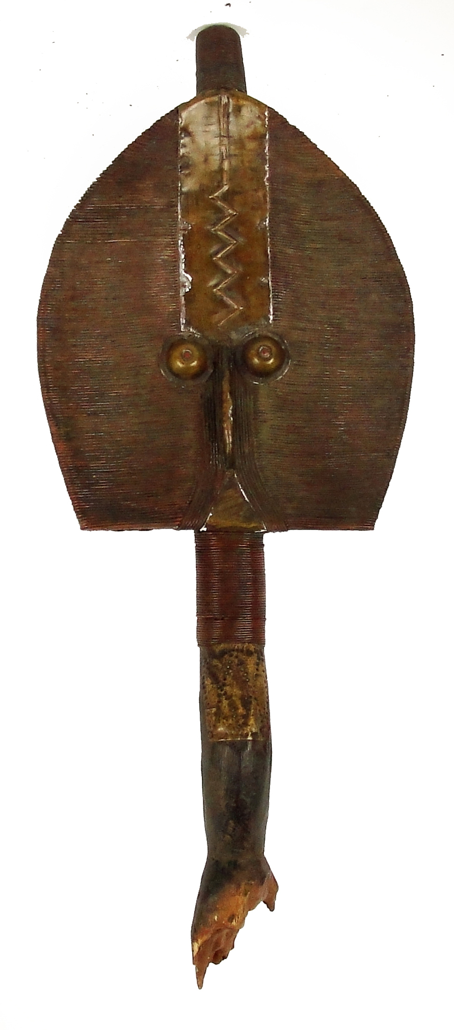 A Kota Mahongwe reliquary guardian figure, Gabon, with applied metalwork and open stem, height 49cm,
