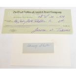 A Jerome Travers (1915 US Open Champion, 1907/08/12/13 US Amateur Champion) signed cheque,