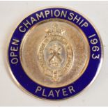 A 1963 Open Championship competitor Player badge, in metal with blue enamel.