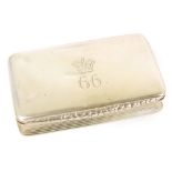 A rare George IV hallmarked silver regimental rectangular snuff box inscribed to the hinged lid
