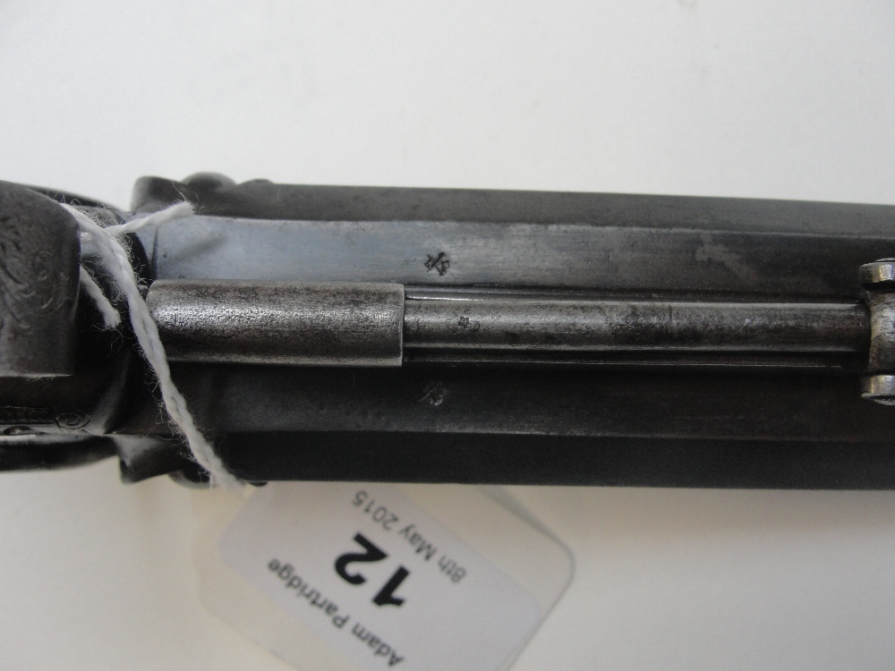 A 19th century double barrelled percussion cap pistol with foliate engraved lock and chequered - Image 4 of 8