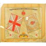 A silk embroidered panel inscribed "The King's Own Regiment" with two flags and floral decorated