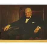 A coloured print depicting Winston Churchill seated with a cigar,