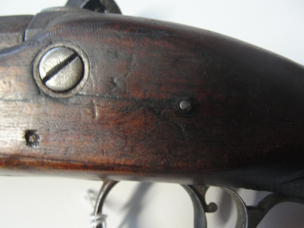 A 19th century flintlock musket with chequered walnut stock, with ramrod, indistinct markings to the - Image 2 of 5