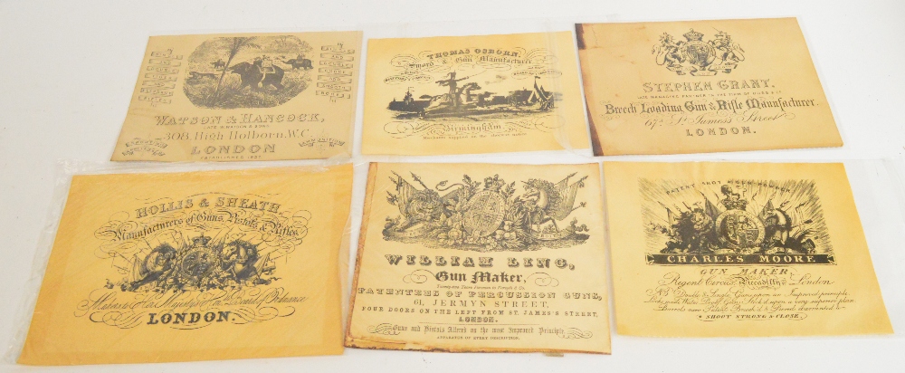 Six gun box printed paper labels to include Thomas Osborn, Hollis & Sheath, Watson & Hancock, etc.