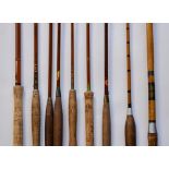 Nine various fishing rods including a Green Heart rod with spare end tip, an Allcock's Gladiator,