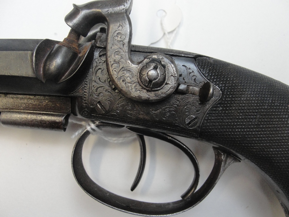 A 19th century double barrelled percussion cap pistol with foliate engraved lock and chequered - Image 2 of 8