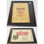 Two German Third Reich certificates, both framed and glazed.