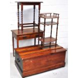 An oak two drawer hall table on castors, a mahogany side table on barley twist legs,