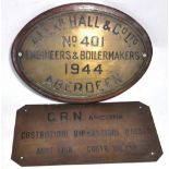 An oval brass plaque on wooden frame inscribed "Alex Hall & Co Ltd, No 401.