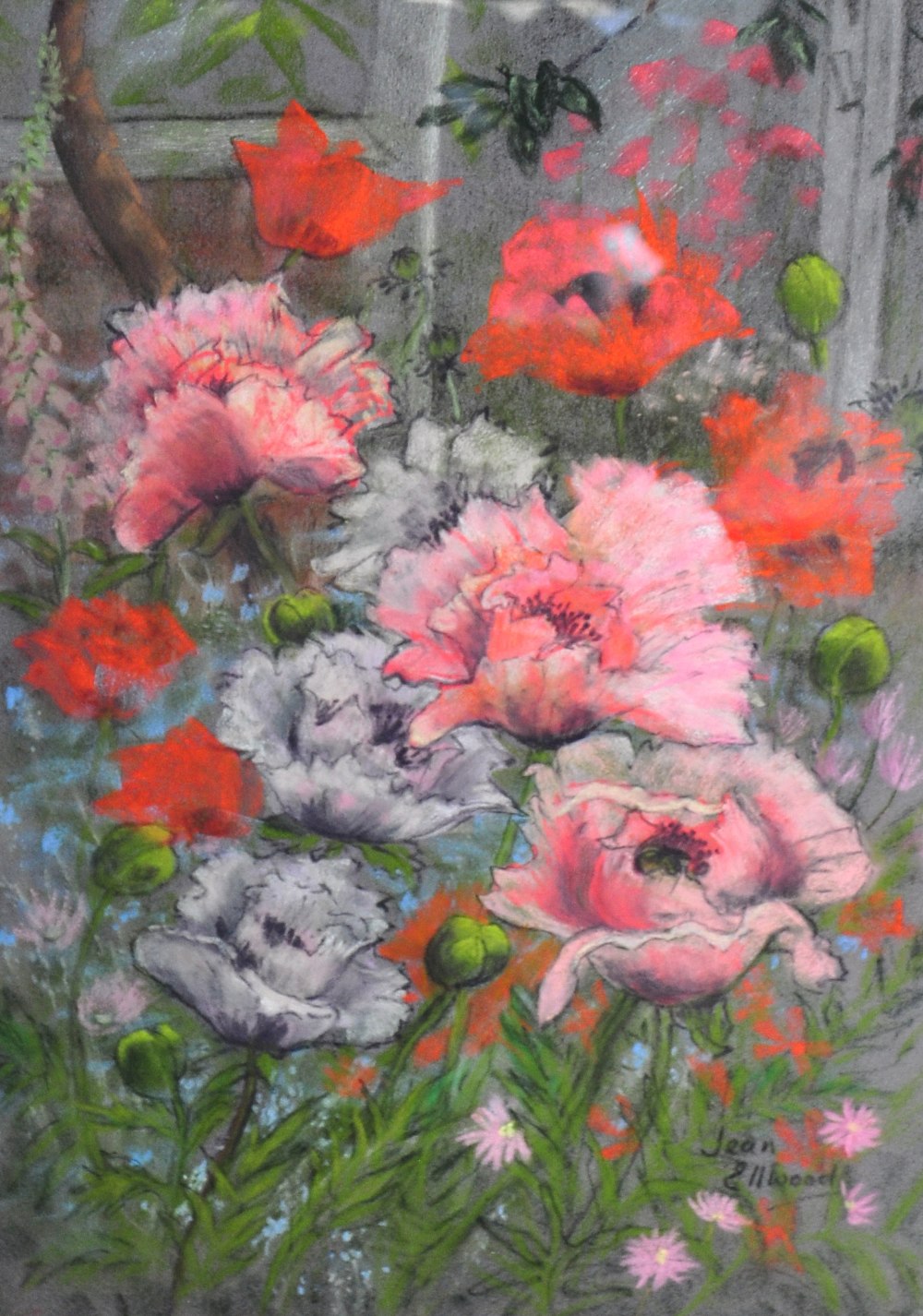 JEAN ELLWOOD; pastel, "Poppy Corner", signed, inscribed on label verso, 48 x 30. - Image 2 of 2