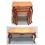 A nest of three walnut occasional tables on cabriole legs, width of largest 66cm,