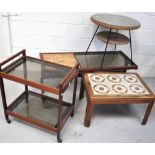 Two retro tile topped coffee tables, a tea trolley and a wicker occasional table with lower tier,