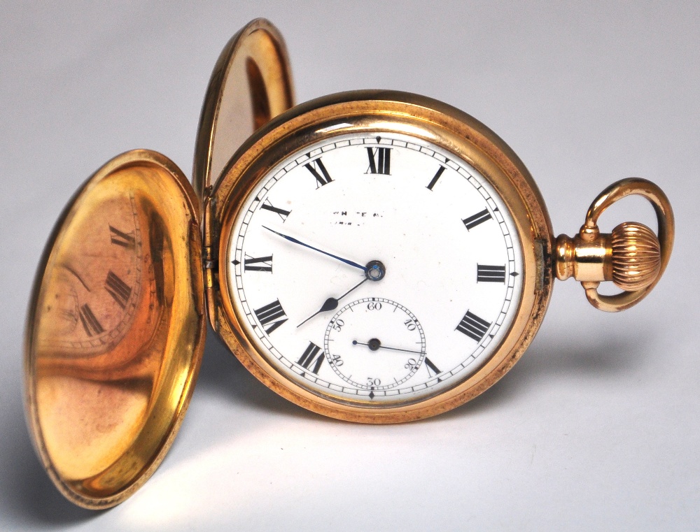 A gold plated crown wind full hunter pocket watch,