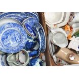 Three boxes of ceramics and collectibles to include blue and white pattern plates, jugs,