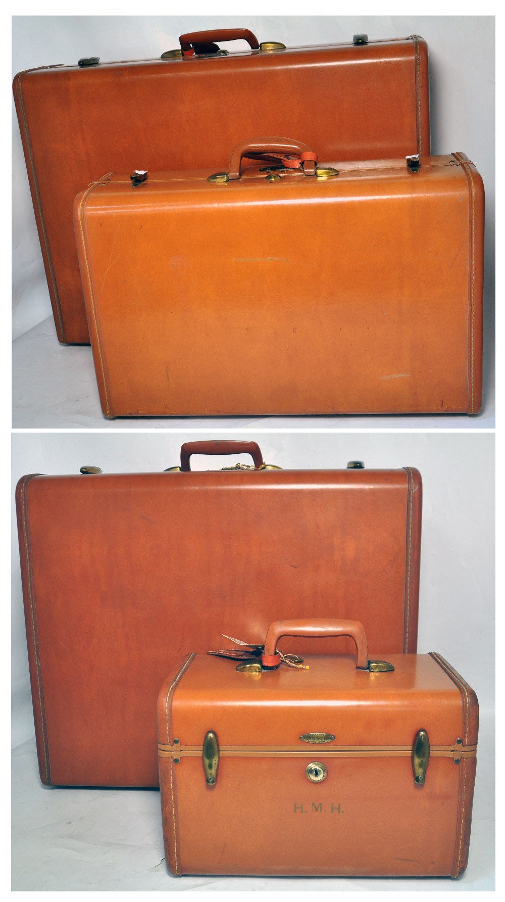 A vintage set of tan colour Samsonite luggage to include a vanity case and three suitcases of
