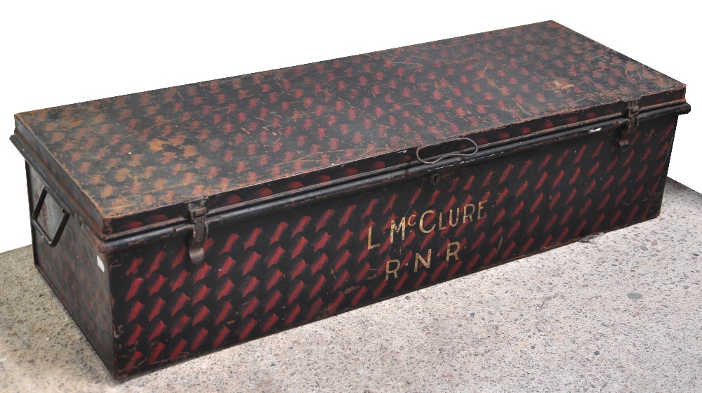 A large metal box of rectangular form with carrying handles inscribed "L.M.McClure R.N.R.R.