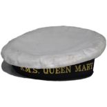 A vintage sailor's cap with band inscribed "R.M.S. Queen Mary", internal diameter approx 18cm.