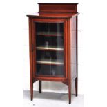 An Edwardian mahogany and inlaid three shelf single display cabinet on tapering legs, width 48cm.