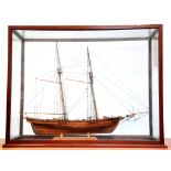 A large static scale model of an unnamed two masted warship, possibly a brigantine,