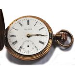 A gold plated full hunter pocket watch lacking glass, lacking crystal,