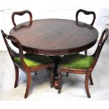 A late 19th century rosewood breakfast table with tilt top and quadraform base, 130cm diameter,