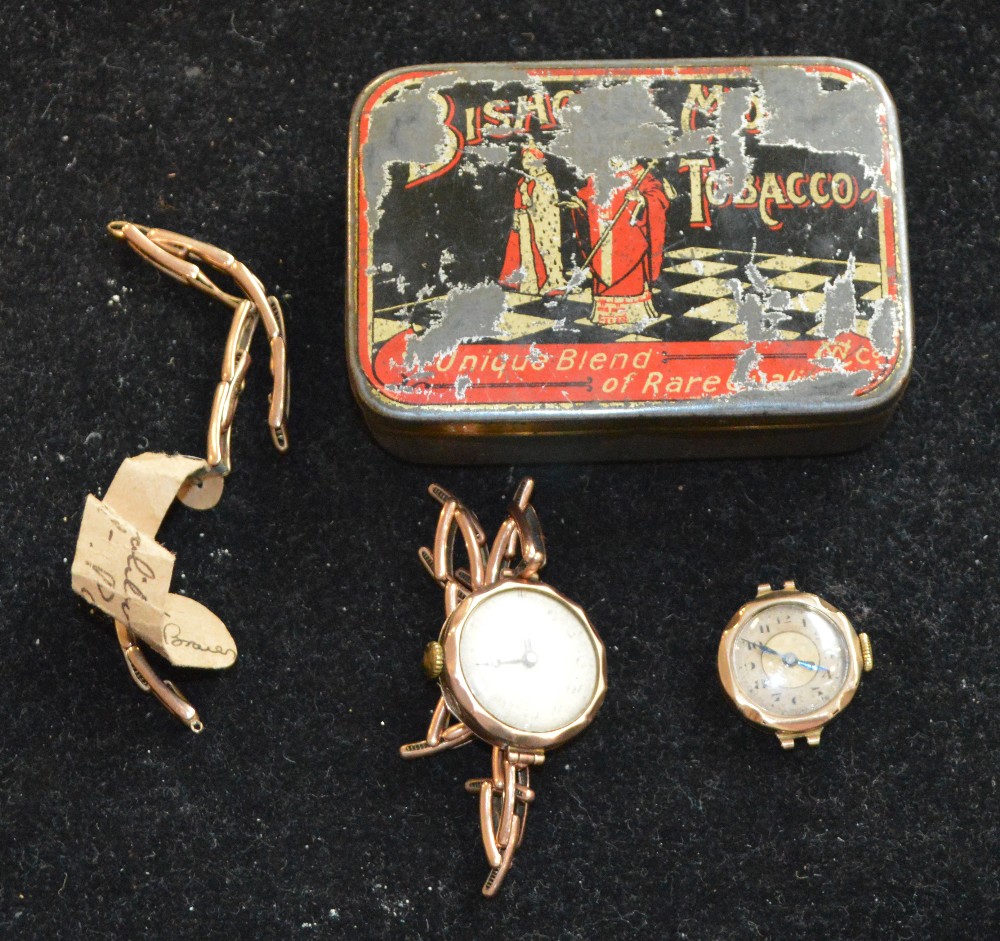 A 1920's 9ct gold lady's wristwatch on 9ct gold expanding bracelet and a similar example (af) (2).