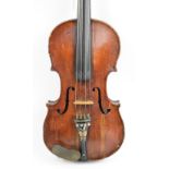 A small full size German violin with one-piece back, unlabelled, length of back 35cm, cased with a