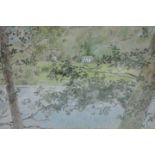 ROSEMARY STUBBS; pen and watercolour drawing of houses through oak trees "Loughrigg Tarn",