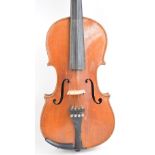 A full size violin with two-piece back, Stradivarius copy, length of back 36cm, cased with a bow.