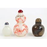 A 20th century Chinese milk glass double gourd snuff bottle, painted with shrimp, signed,