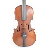 A full size German violin with two-piece back, unlabelled, length of back 36cm, cased.