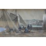 J LITTLE; watercolour, quayside scene with figures and ships sails, signed lower right, 17.