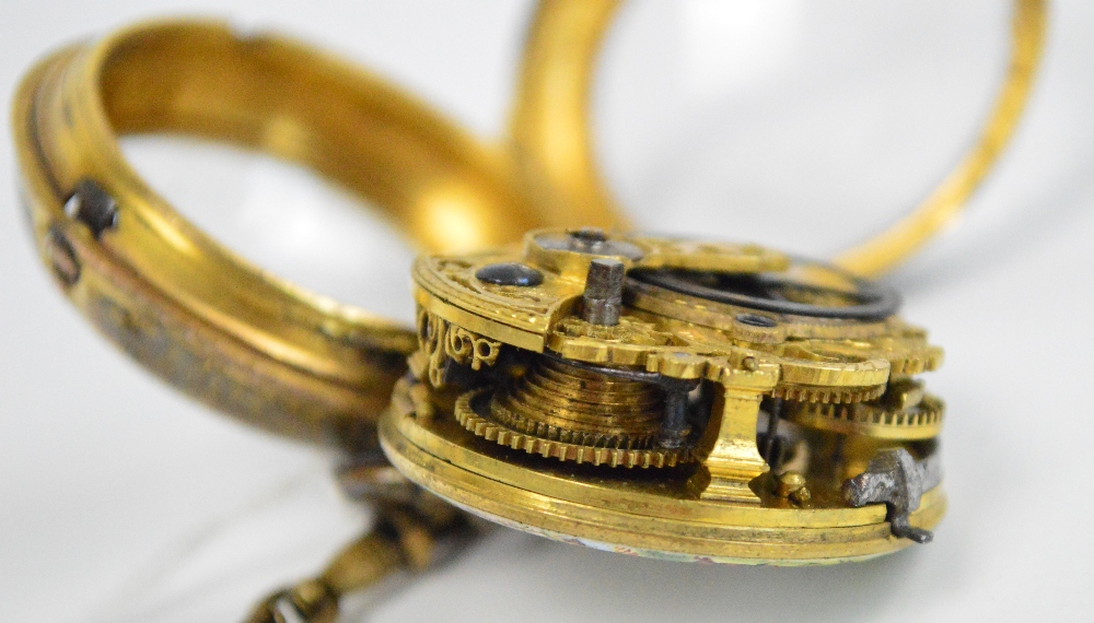 An 18th century skeletonised verge pocket watch with finely painted enamel dial decorated with a - Image 3 of 3