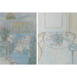 C DUPONT-NANGLE; two ink and watercolour sketches, restaurant dining rooms, both signed, 35.5 x 25.