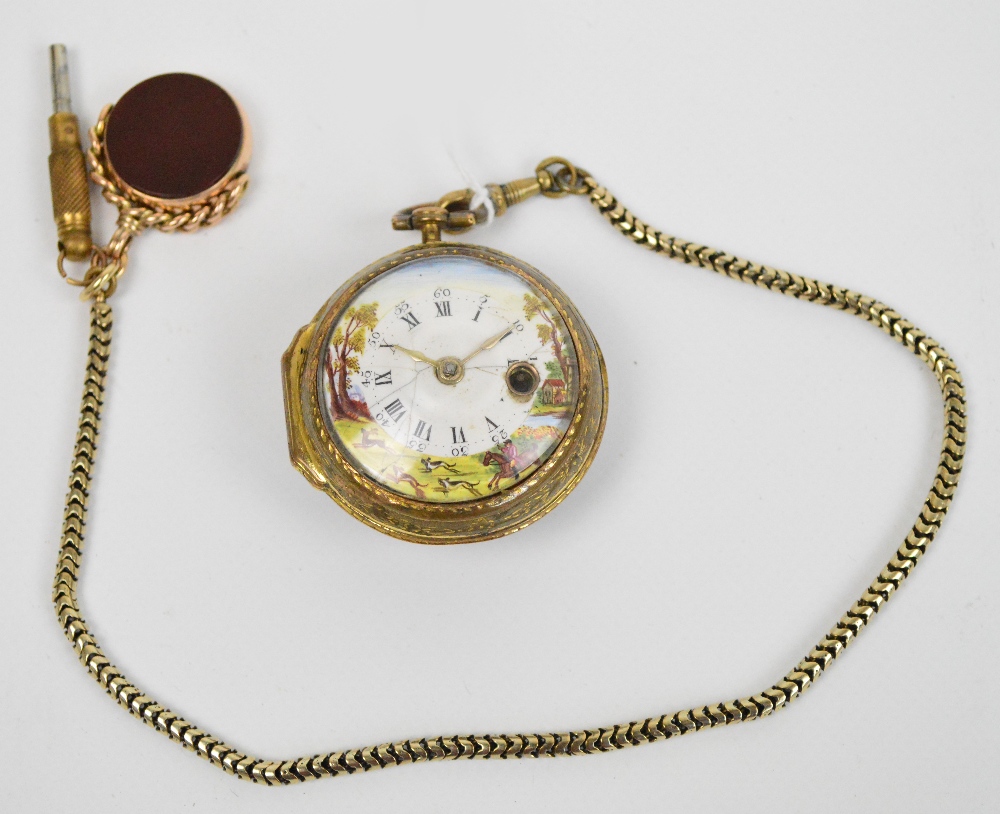 An 18th century skeletonised verge pocket watch with finely painted enamel dial decorated with a