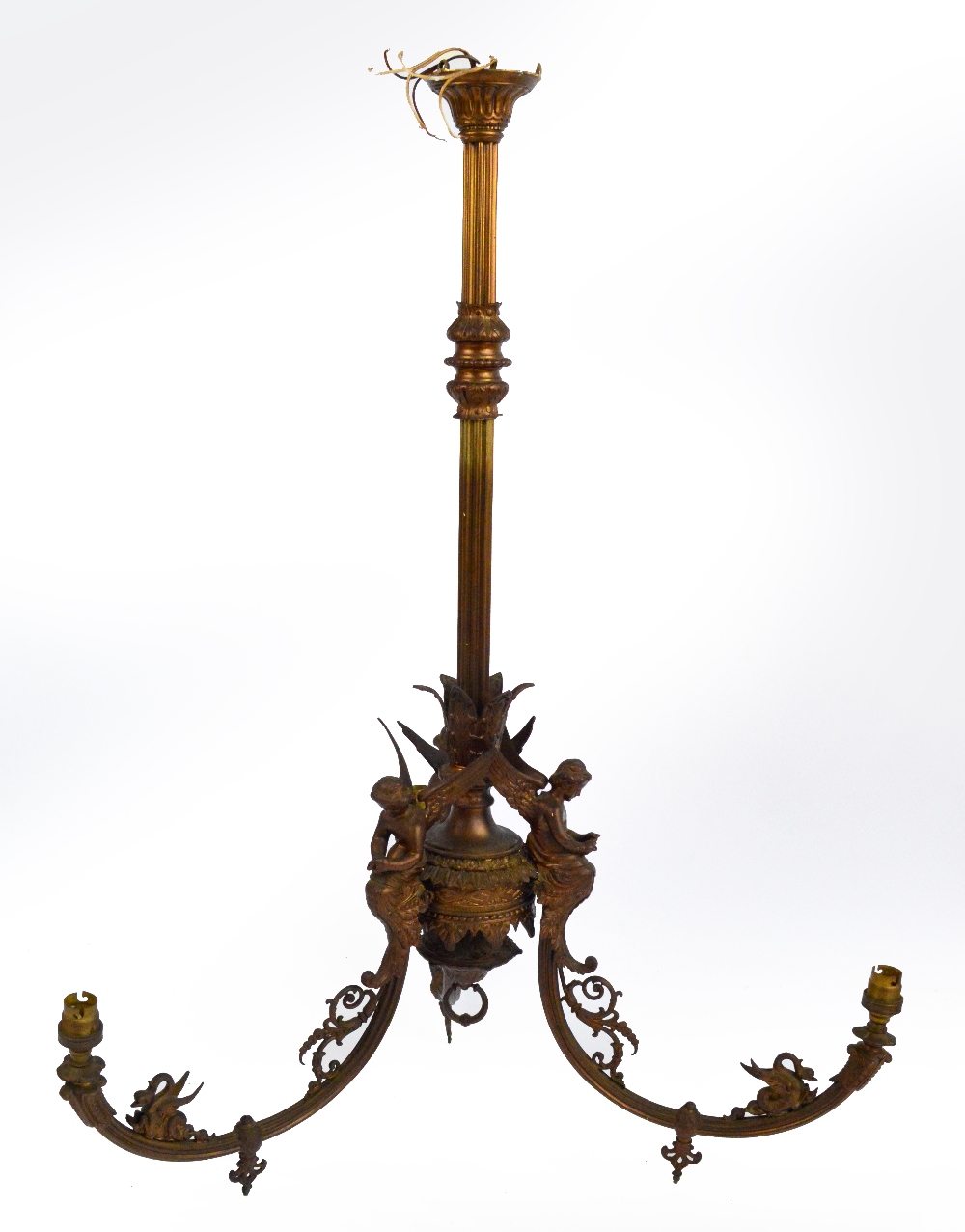 A gilt metal light fitting, the fluted turned central column to three winged figural mounts,