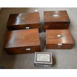 Two 19th century rosewood writing boxes, two 19th century walnut boxes and an inlaid trinket box,