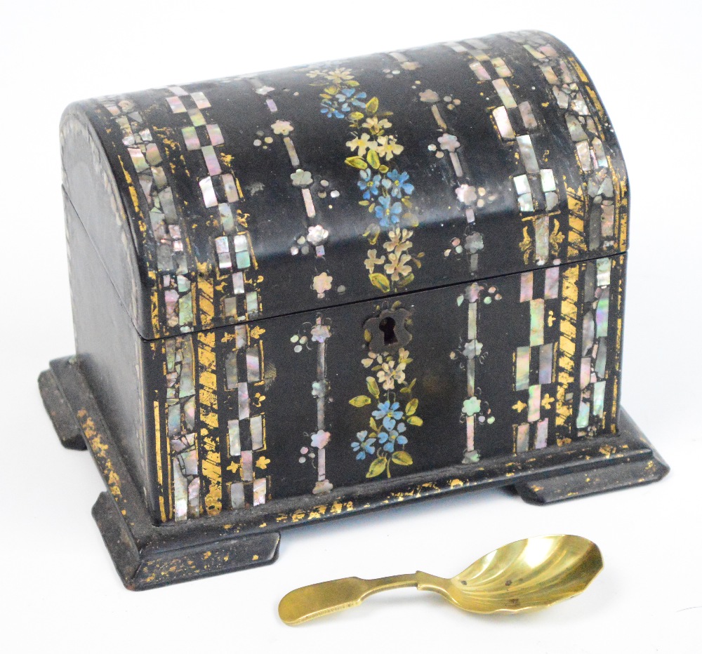 A Victorian papier-mâché mother of pearl inlaid and floral painted tea caddy,