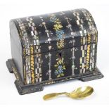 A Victorian papier-mâché mother of pearl inlaid and floral painted tea caddy,