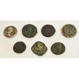 Seven various ancient Roman and Greek coins including AR Denarius (plugged), Athens etc.