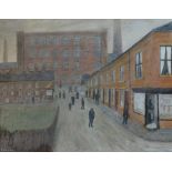 S WHELAN; oil on board, smoky Northern Street scene with a mill, signed lower left, 35 x 44cm,