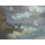 SUE ATKINSON (born 1949); watercolour, coastal scene with two figures and single masted vessel,