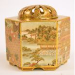 A Japanese Meiji period Satsuma hexagonal pot pourri pot and cover, the pierced domed cover