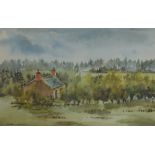 SUE ATKINSON (born 1949); watercolour, landscape with cottage, signed, 11.